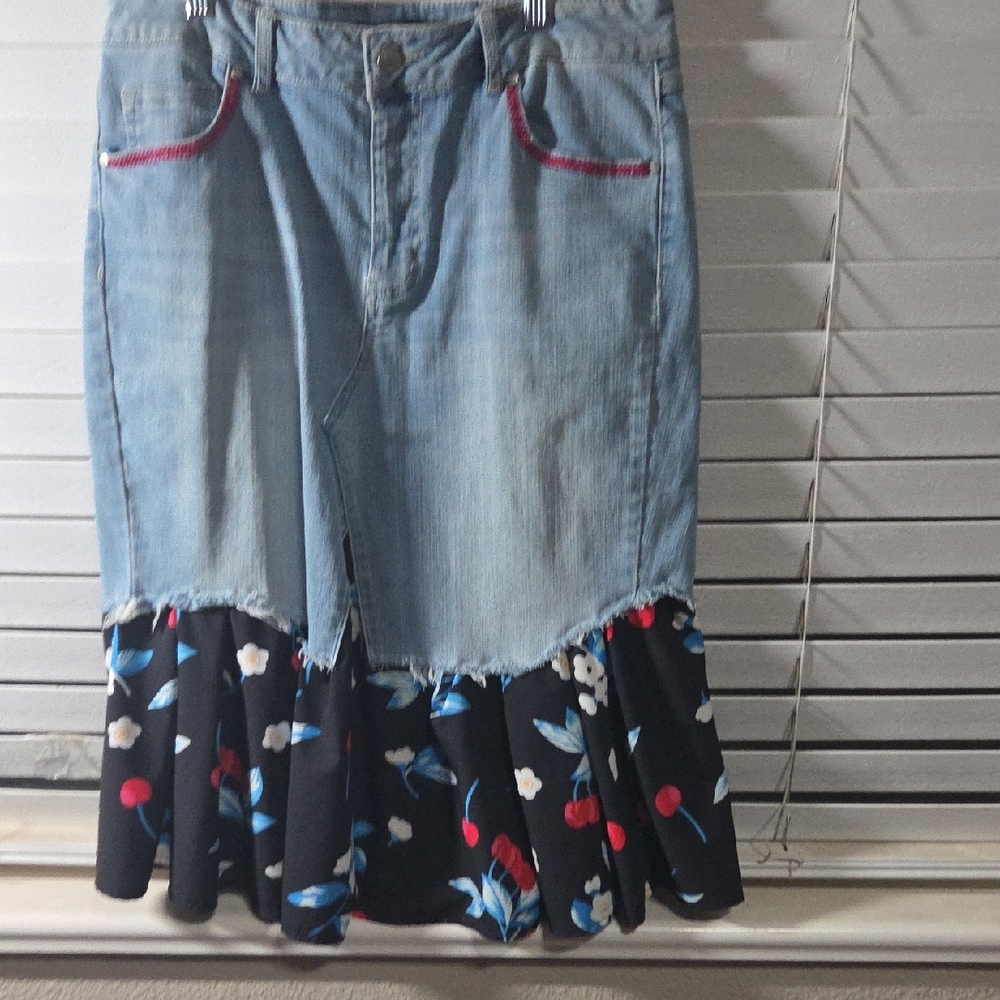 d. jeans Light Blue Denim Midi Skirt with Black Floral Ruffle and Red Trim